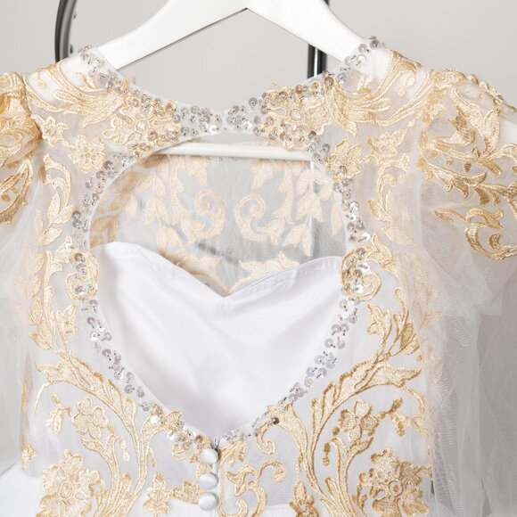Bishop Sleeves Keyhole Back Gold Lace Applique Communion Flower Girl Dress